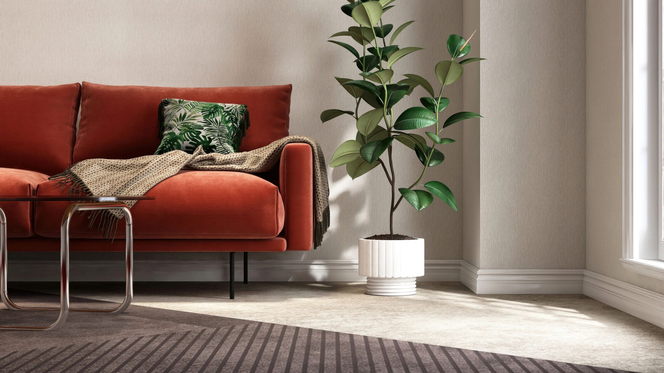 Modern living room vignette with statement sofa and plant