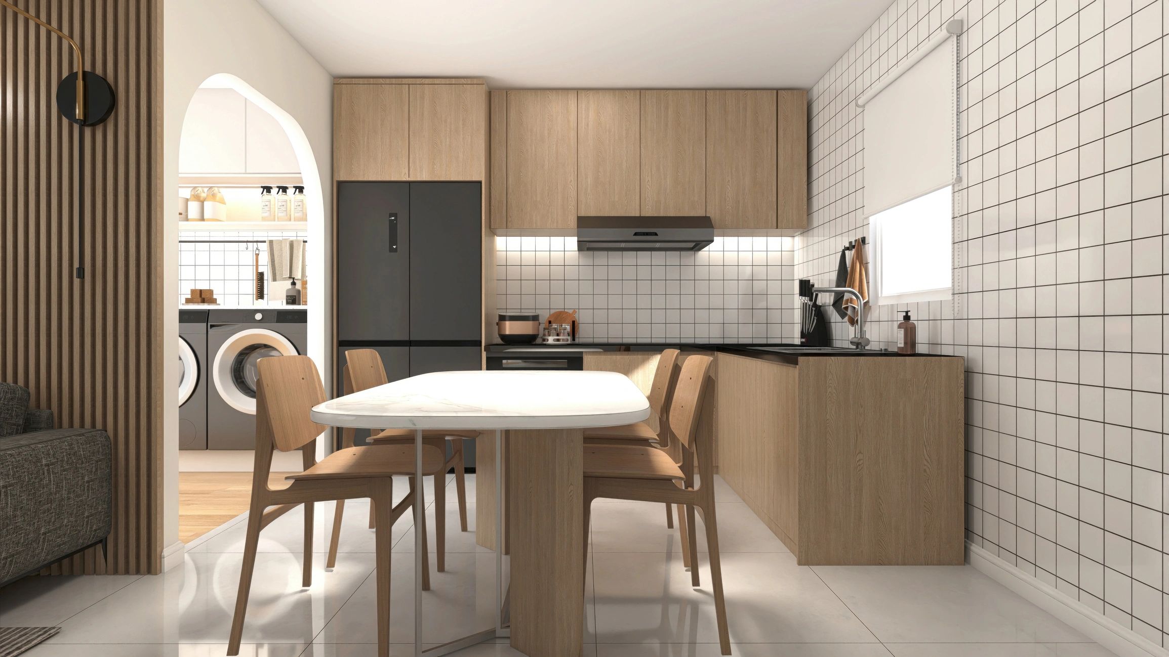 Modern dining area adjacent to kitchen with minimal styling