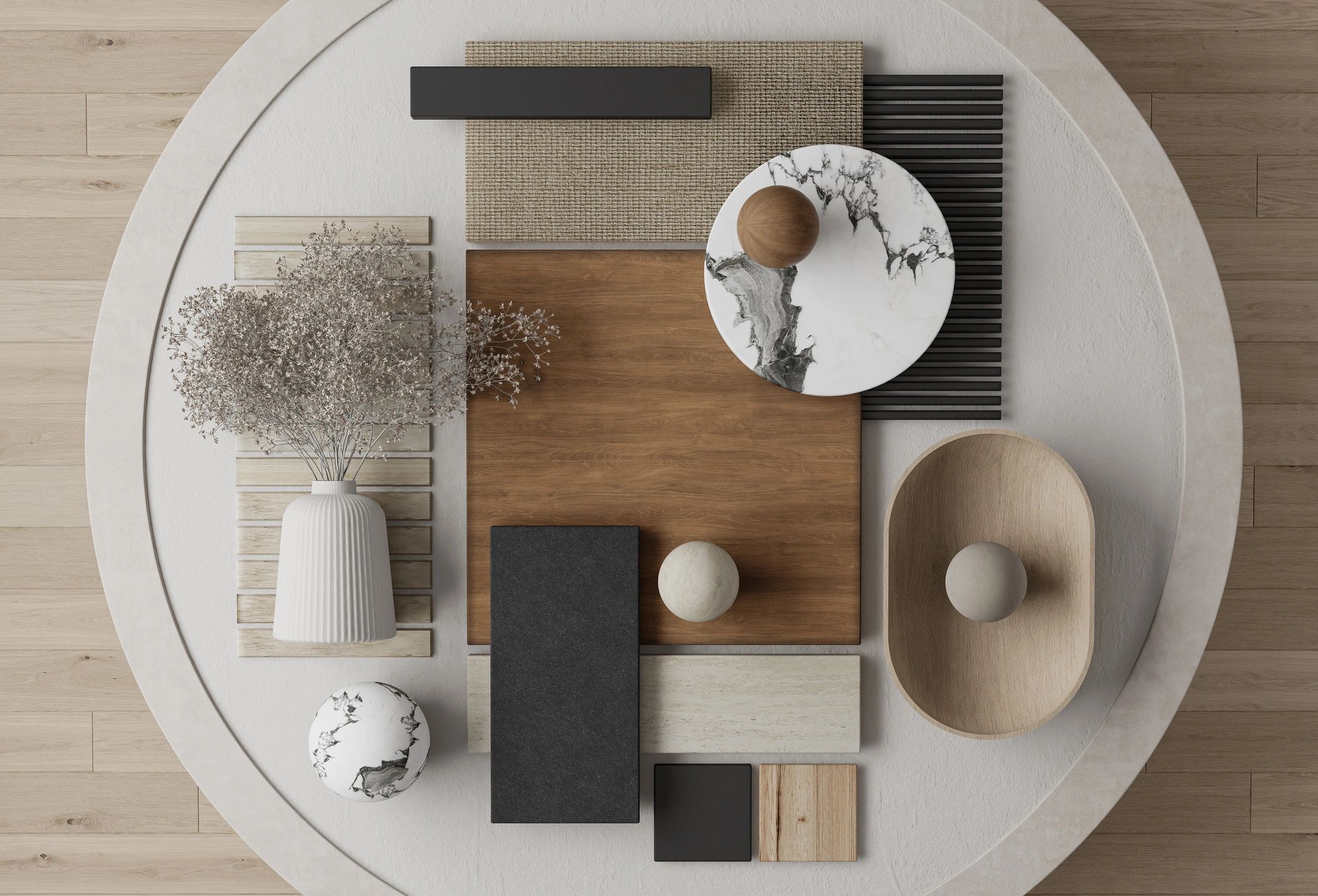 Curated interior design materials and textures moodboard
